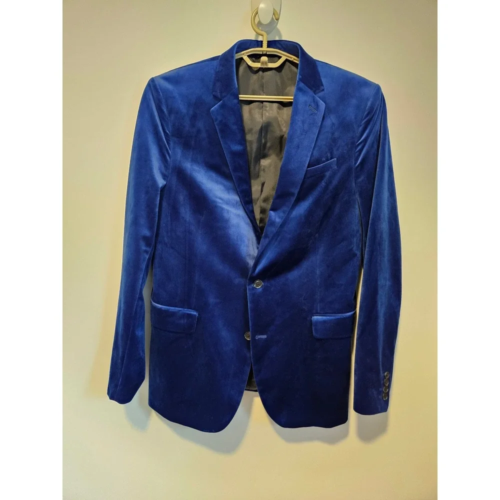 Royal Blue Velvet Blazer 44L Two Button Sport Coat Jacket Event Formal Holiday